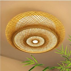 2623: New 15.7 in Bamboo Woven Rattan-Style Ceiling Light, Boho Ceiling Light Fixture with Remote, LED Dimmable Ceiling Light, Boho Light Fixture for 