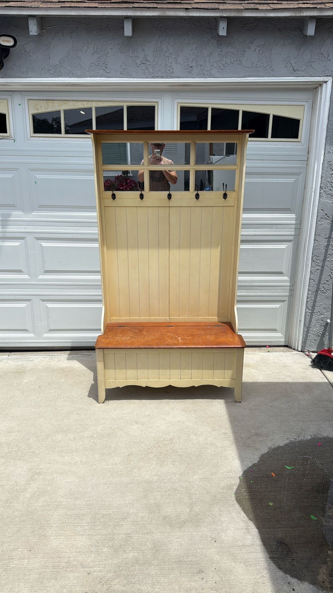 Solid Wood Coat Rack with 5 Metal Hooks, Storage Bench