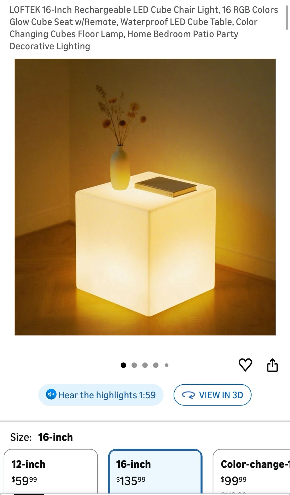 LOFTEK 16-Inch Rechargeable LED Cube Chair