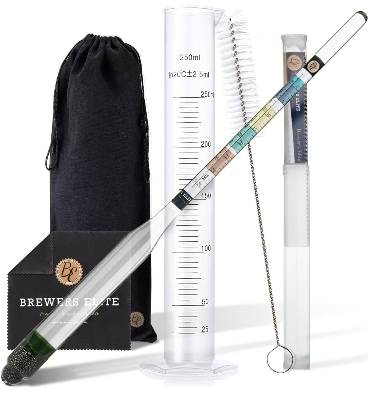 Brewer's Elite Hydrometer & Plastic Test Jar - for Home Brew Beer, Wine, Mead and Kombucha - Deluxe Triple Scale Set, Hardcase and Cloth - Specific Gr
