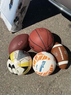 Basketball, 2 footballs , volleyball and a soccer ball with air pump