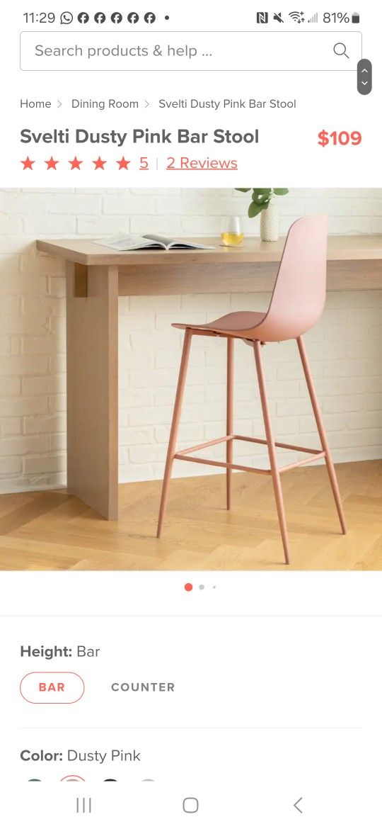 Svelti Dusty Pink Bar Stool