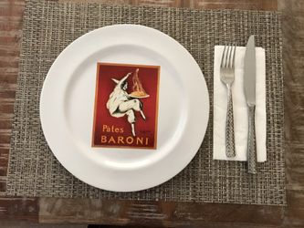 4 POTTERY BARN barely use Vintage Posters 11 1/2 Inch Dinner Plates