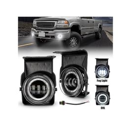(404040-20) LED Fog Lights with DRL Compatible with 2003-2006 GMC Sierra 1 3500 Heavy Duty Pickup Bumper Driving Fog Lamps with Halo Angel Eye