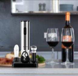 Electric Wine Opener Battery Operated with Wine Aerator Pourer, Push Vacuum Wine Stopper, Foil Cutter and Stand, Romantic Gift For Women Man