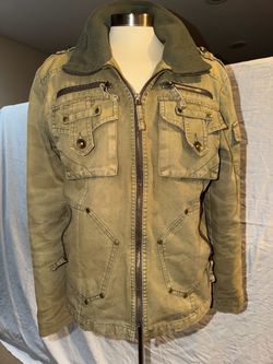 Vintage Blue Way Denim Japanese Archive Multi-Pocket Military Jacket Size L Khaki Cargo Workwear