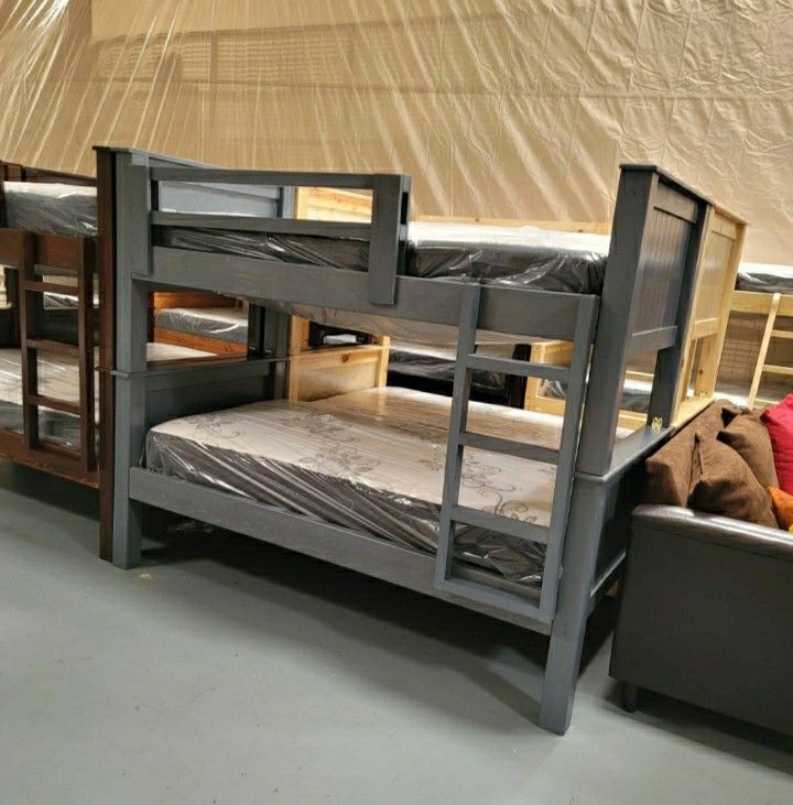 TWIN OVER TWIN SIZE PINEWOOD BUNK BED MATTRESS INCLUDED Furniture