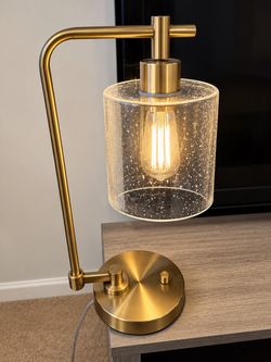 Modern Brass Table Lamp with Seeded Glass Shade