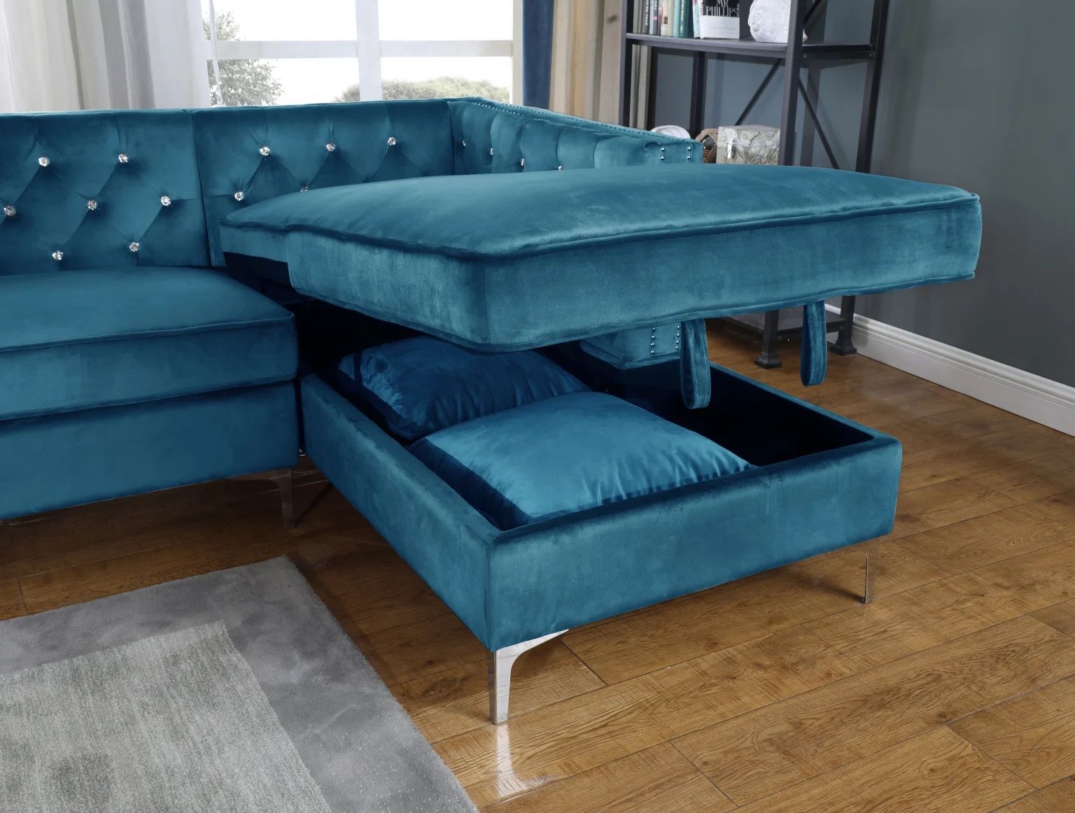 Brand New Glam Navy Blue Velvet Storage Chaise Sectional