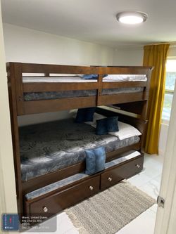 Full/Full Step Bunk Bed with trundle  and mattresses Kids Santa Cruz Brown Cherry