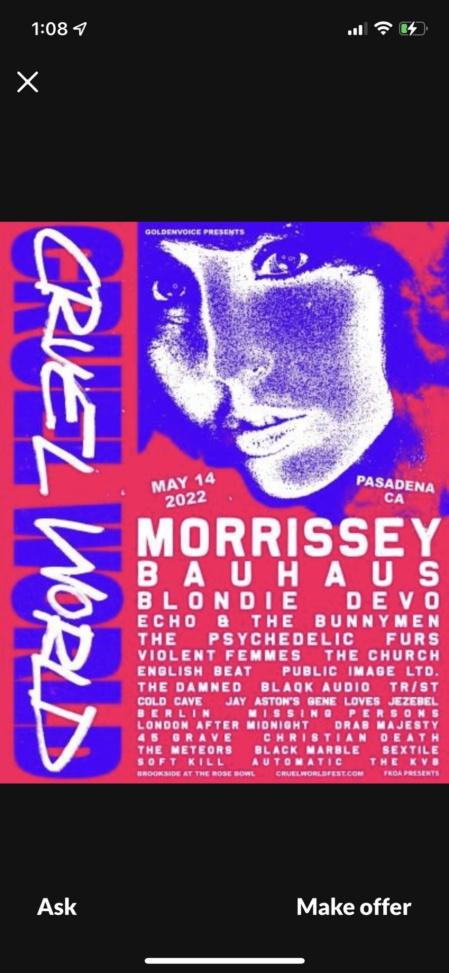 2 Cruel World Festival Tix Sunday May 14th