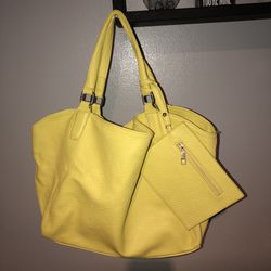 Large Neon Yellow Leather Purse With Removable Wristlet 