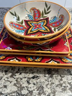 Colorful 6-Piece Ceramic Plate & Bowl Set Floral Paisley Design