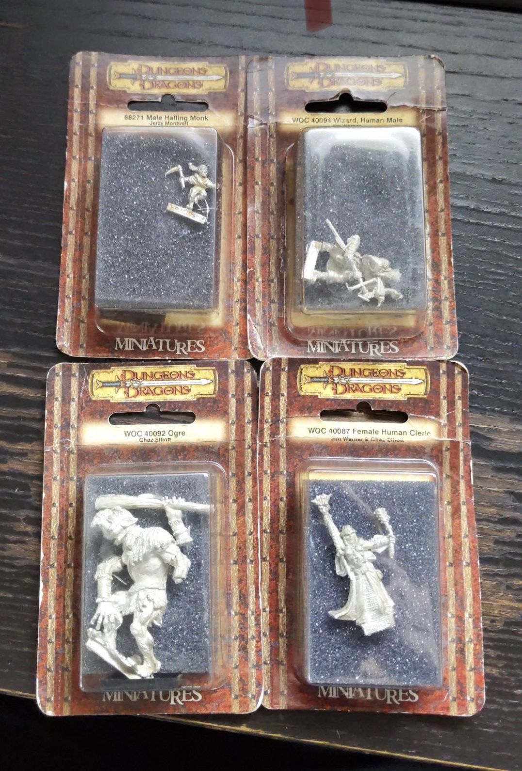 Dungeons And Dragons Vintage Metal Miniatures New In Packaging (ogre, Male Halfling Monk, Male Human Wizard, & Female Human Cleric)