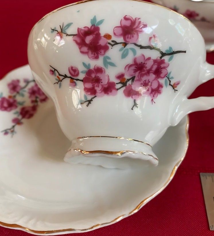 Vintage, Japanese Cherry Blossom, Porcelain Teacup and Saucer.  Made in Japan.
