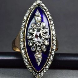 925 Sterling Silver Blue Enamel Art Deco Ring - Size 5 