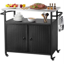 Outdoor Grill Cart with Storage, Outdoor Bar Cart with Wheels, Kitchen Island Cart with Stainless Steel Top for BBQ, Patio, Backyard