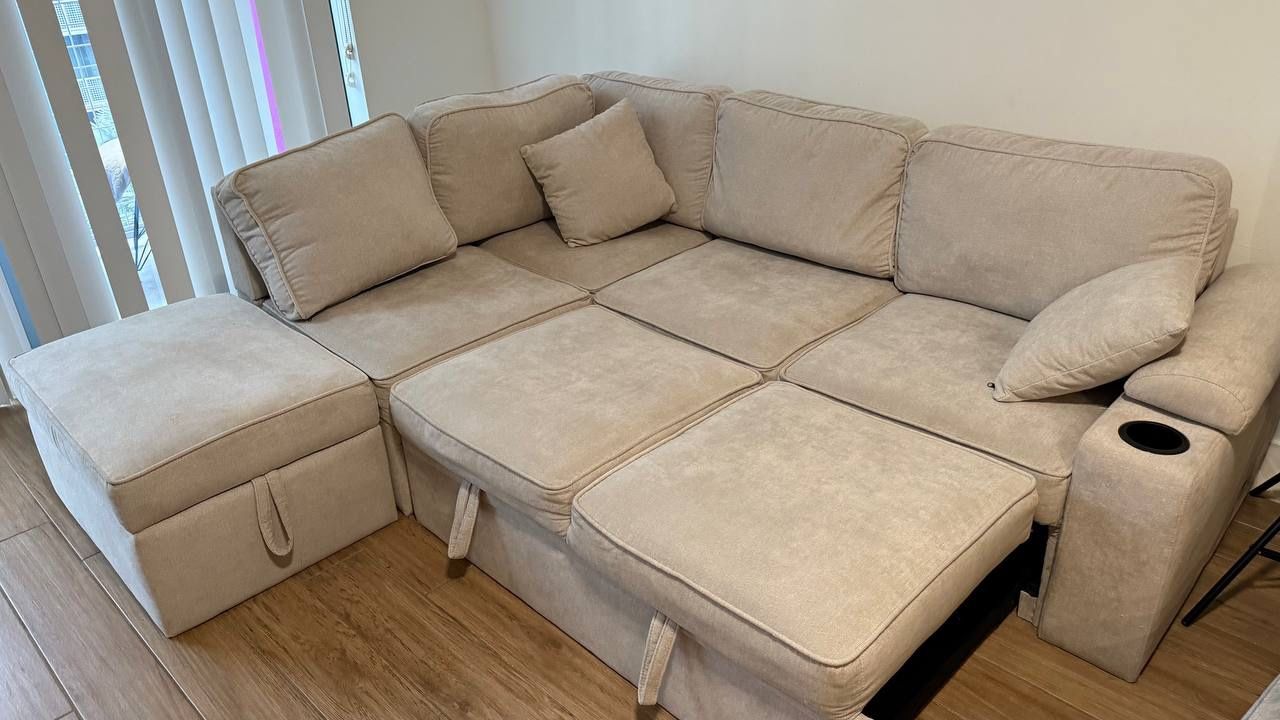 ✅ Corner Sleeper Sofa with Ottoman, Cup Holder & USB Charging Port | Light Beige