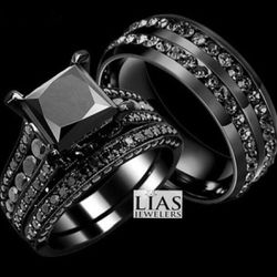 New S925 Black Gunmetal Wedding Ring Set His And Hers 