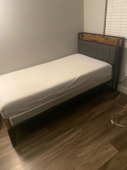 Twin Bed Frame with Upholstered Headboard and Mattress