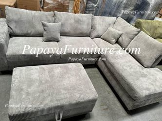 New 106” Light Grey Sectional FREE STORAGE OTTOMAN Sofa and Chaise Set Ashley Style Big Discount Furniture Warehouse Couch SALE Soft Plush Couch