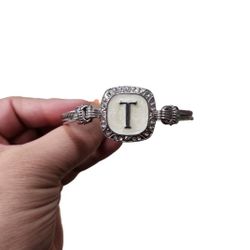 Silver Toned Magnetic Bling Monogram T Cream Enamel Bracelet