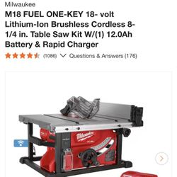 Milwaukee M18 FUEL ONE-KEY 18- volt Lithium-Ion Brushless Cordless 8-1/4 in. Table Saw Kit W/(1) 12.0Ah Battery & Rapid Charger
