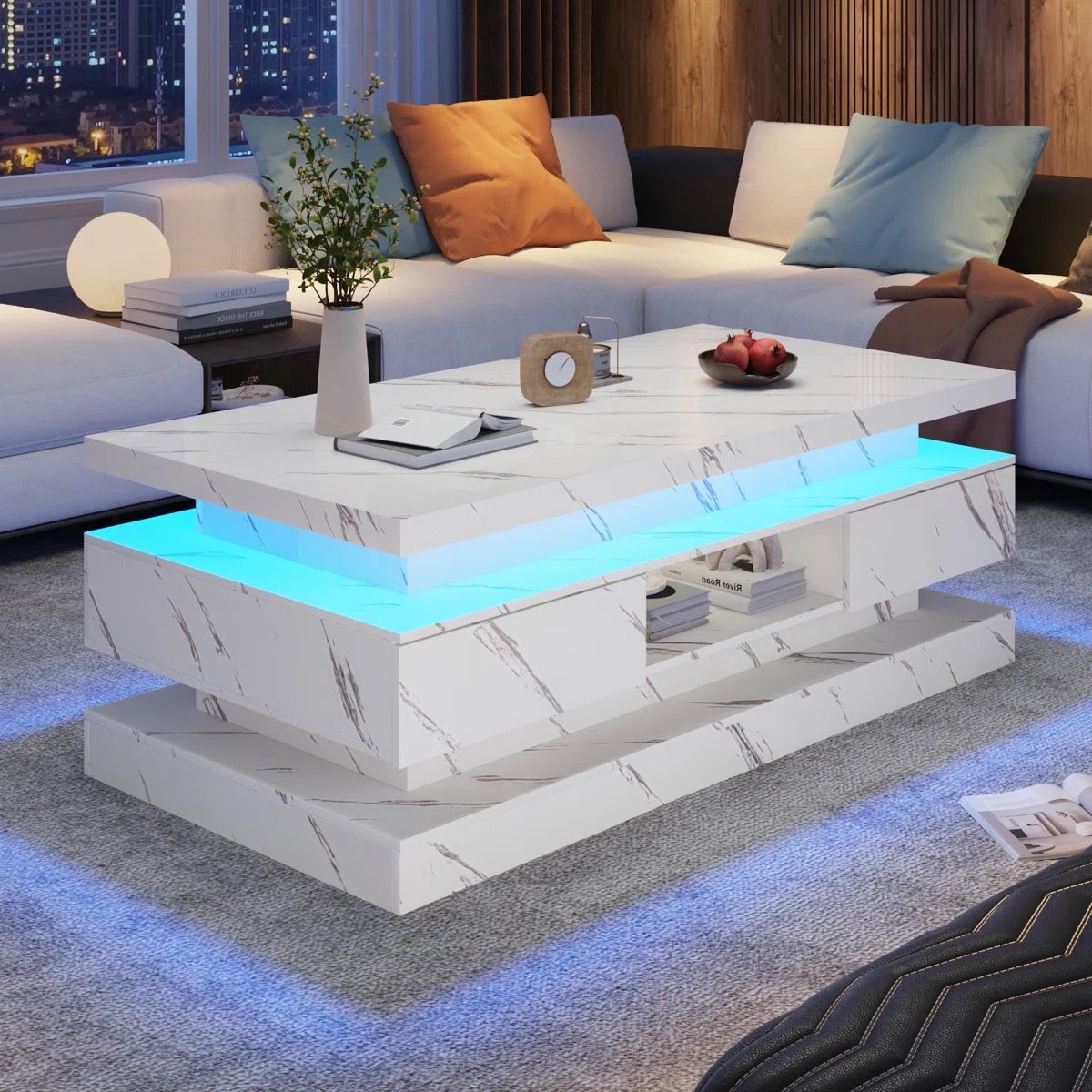 47'' LED Coffee Table with 2 Storage Drawers, Modern High Gloss Black Coffee Table with Marbling Print, 3-Tier Rectangle Center Table for Living Room,
