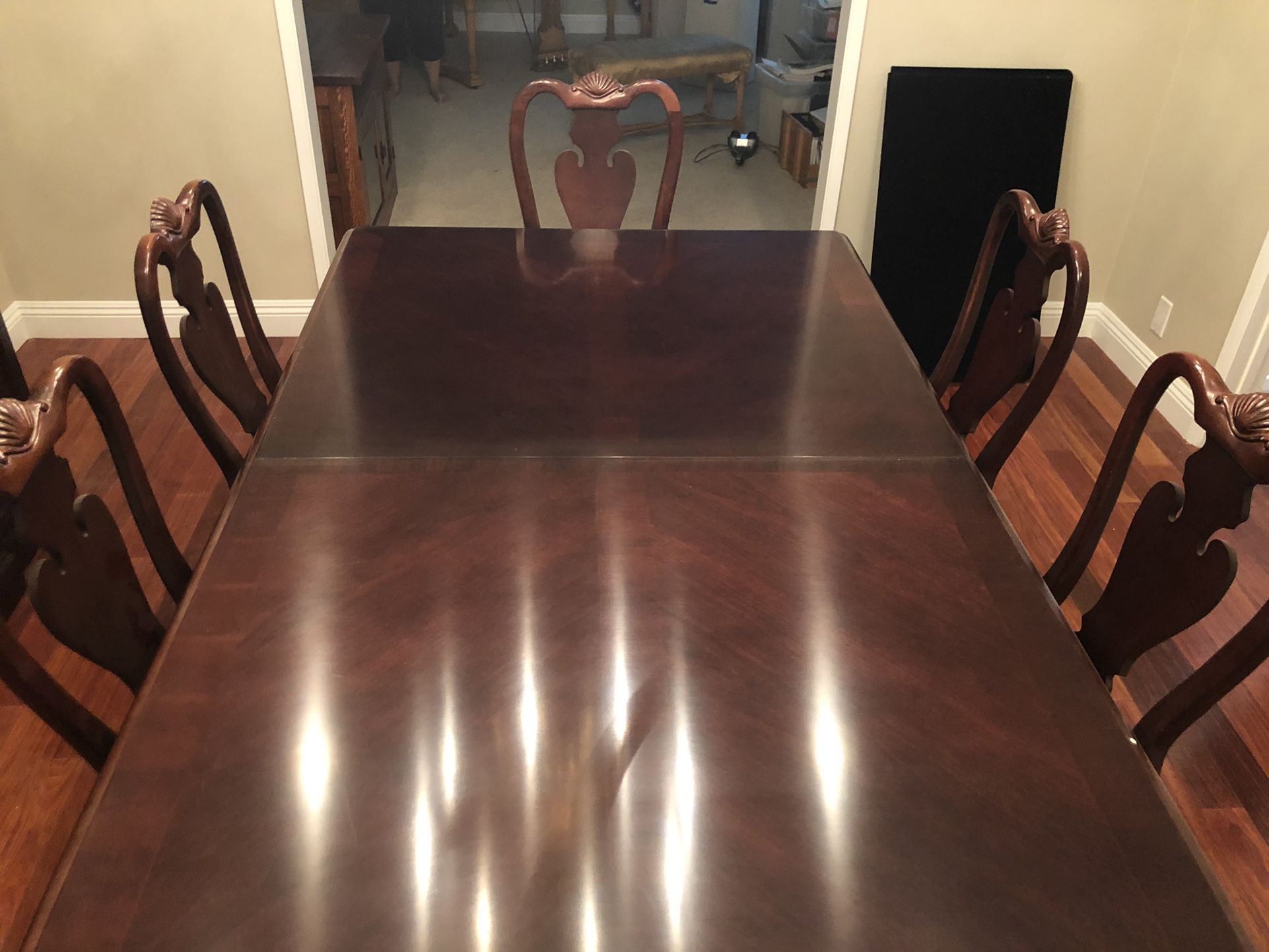 Hutch dining room table, chairs, and china cabinet
