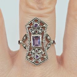 Vintage 925 Sterling Silver Art Deco Ring with Amethyst and Pearls