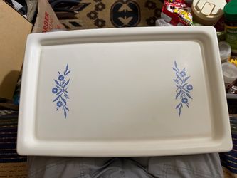 White Ceramic Serving Tray with Blue Floral Design    18” wide  10” side