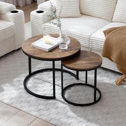 New Mid-Century Modern Set of 2 Nesting Coffee Table,Round w/ Walnut Wood Grain Industrial end table