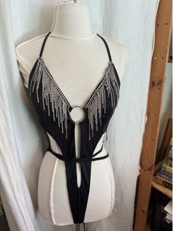 black rhinestone fringe one-piece bodysuit Sz small