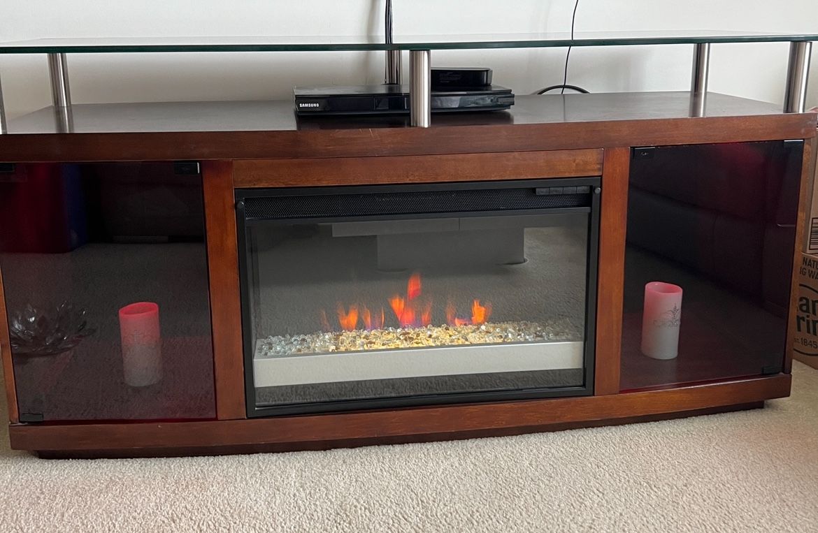 Modern Electric Fireplace TV Stand. Entertainment Center With Electronic Flame & LED Lights, Perfect For Living Room Use. 60”x30”x18”