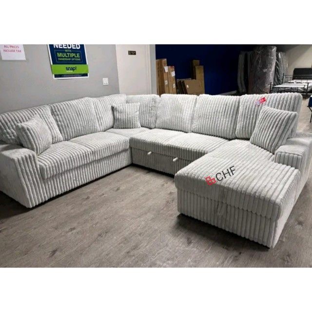 Gray Jumbo corduroy storage chaise sectional sofa with pullout sofa bed // Limited Time Offer