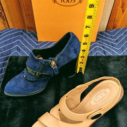 Tod's (Mismatched) Pair Of Blue Suede Zipper/Tan Leather Open Heels - Size 6.5(EU 37) -Made In Italy