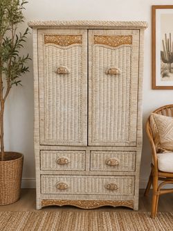 Vintage Wicker Armoire Wardrobe – Boho Coastal Storage Cabinet