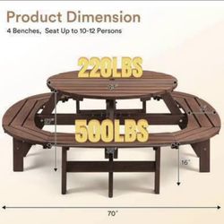 Assembled New Wood Picnic Table for 10-12 People Round Top w/ Umbrella Hole 4 Built-in Curved Benche