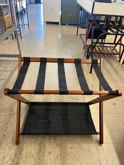 SONGMICS Solid Wood Luggage Rack Foldable Suitcase Stand Holder w/ Fabric Storage Shelf - Brown