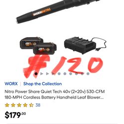 WORX Shop the Collection Nitro Power Share Quiet Tech 40v (2x20v) 530-CFM 180-MPH Cordless Battery Handheld Leaf Blower...