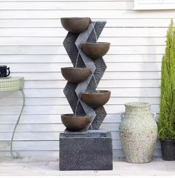 3037 49 Inch 6-Tier Modern Outdoor Water Fountain with LED Lights for Patio Backyard,Cascading Bowl Resin Garden Waterfall Fountain with Warm Night Gl
