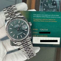 Rolex 36mm Datejust 126234 Mint Green jubilee  January 2026 complete : $14,500 plus shipping 