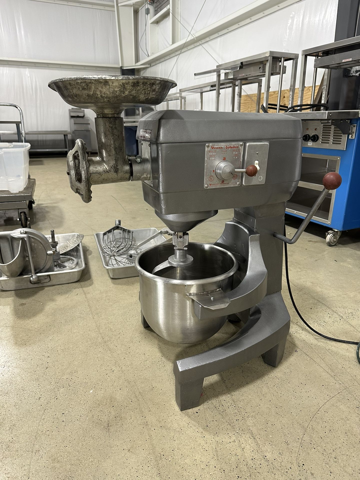 Commercial Mixer, Meat Grinder, Slicer Food Processor And Pans. 
