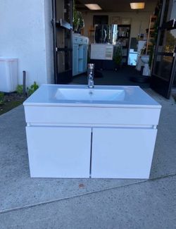 New Assembled, 24" Wall Mounted Bathroom Vanity with Ceramic Top and Sink, Storage Cabinet, Faucet Combo Set