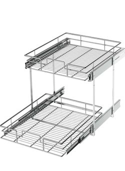 2-Tier Pull Out Cabinet Pantry Organizer, Silver Metal 14x18x13.8"