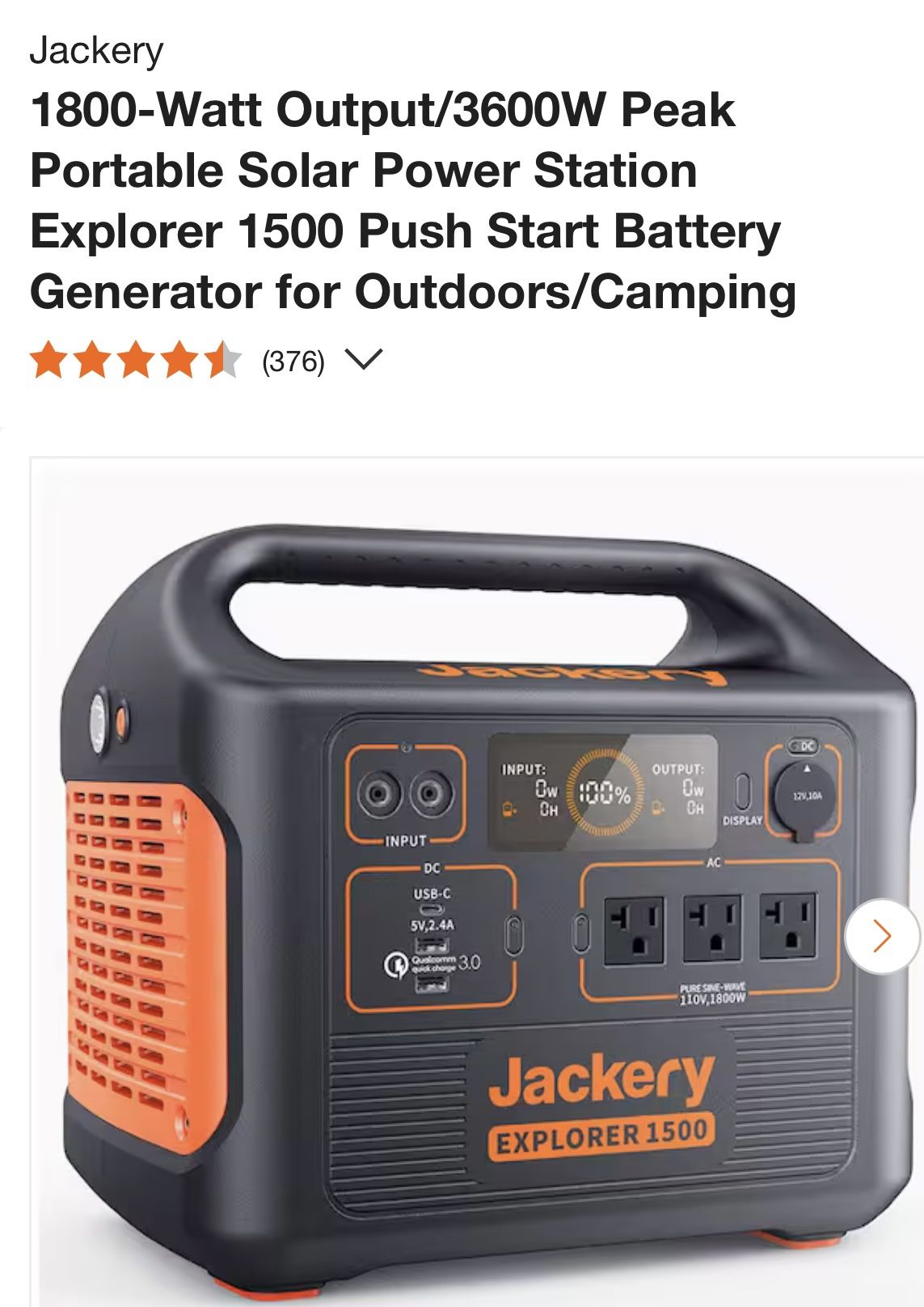 Jackery 1800 Watt Output/3600W Peak Portable Solar Power Station