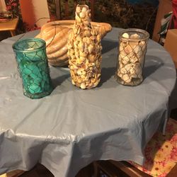 Shell Planter And  Two Shell Holders And A  Shell Covered Bottle