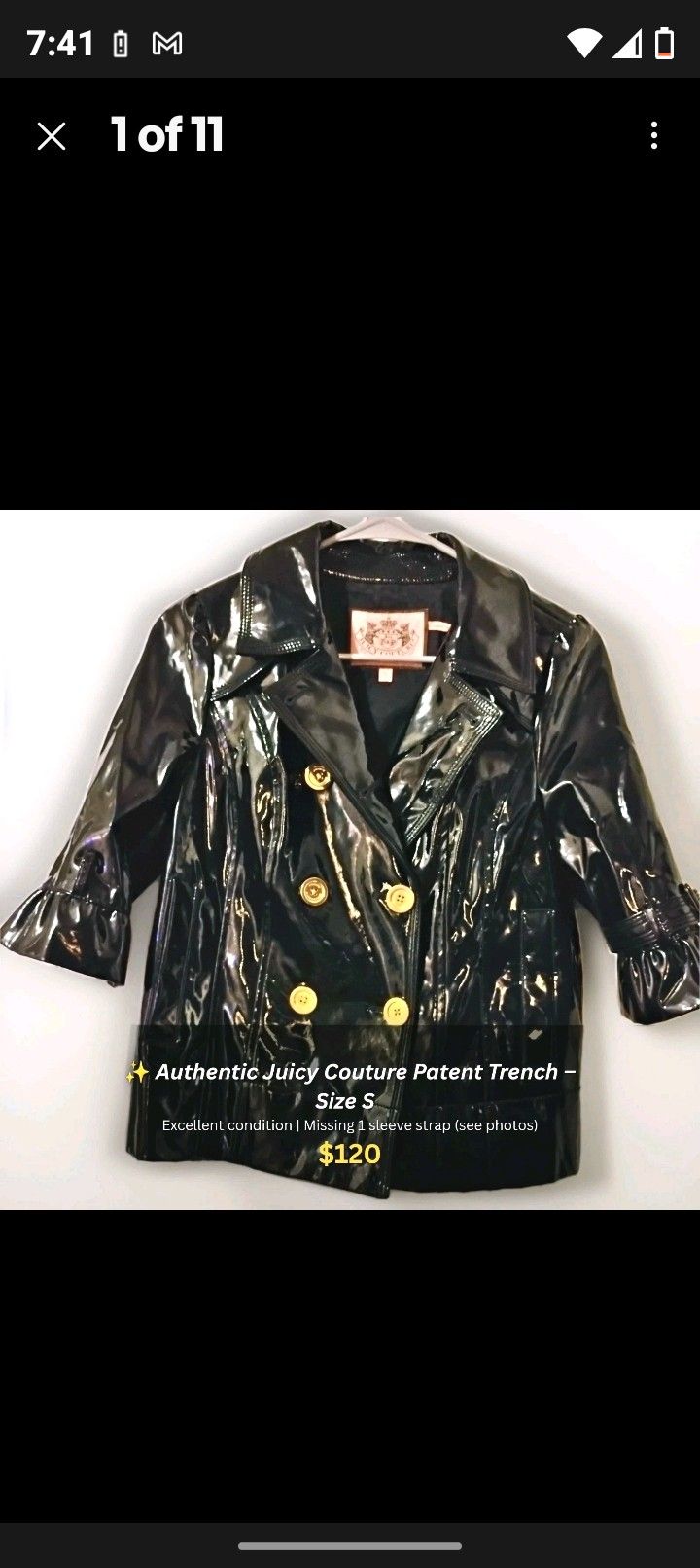 Juicy Couture patent vegan leather trench style rain coat