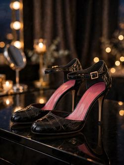 Kate Spade New York Black Patent Ankle Strap Heels Buckle 10 Pre-Owned Chic Love