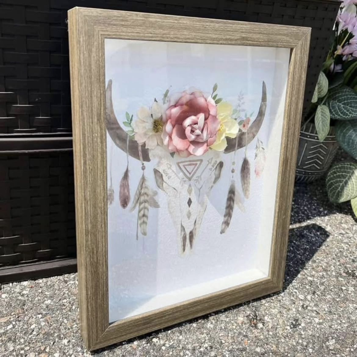 Wood Framed Boho Southwestern Flower Feather Cow Skull Picture Hanging Wall Art Home Decor 14x11”